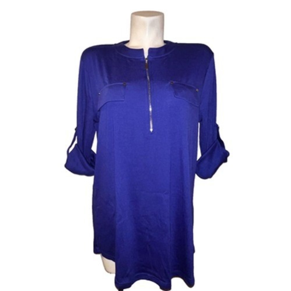 YA YA BAY Womens Royal Blue Quarter Zip Roll Tab Sleeve Tunic Blouse New 3XL